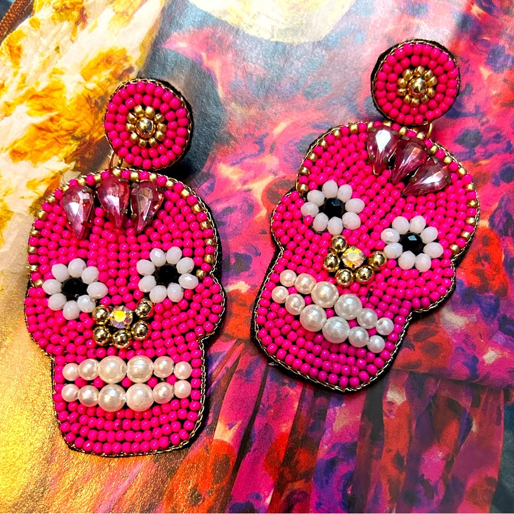NWT hot pink beaded skull earrings